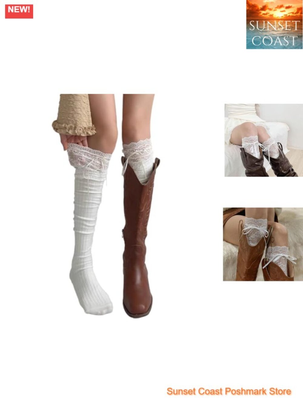 Lace Ruffle Knee High Socks Polyester Cotton Women Size 5-9